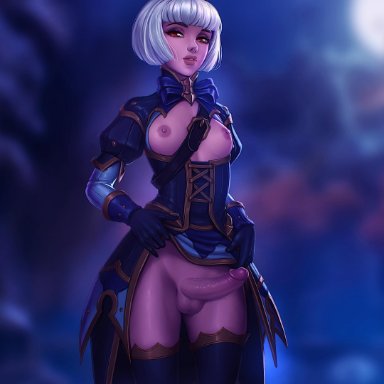 1futa, areolae, balls, blizzard entertainment, bottomless, breasts, clothing lift, dickgirl, erection, female, futa only, futanari, heroes of the storm, intersex, looking at viewer