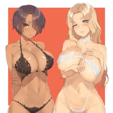 2girls, belly, blonde hair, blue eyes, blush, brown hair, cleavage, hair over one eye, huge breasts, imminent sex, inviting, lingerie, long hair, looking at viewer, navel