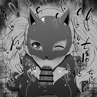 :>=, 1boy, ann takamaki, bangs, bar censor, blush, breasts, cat mask, censored, cleavage cutout, dark-skinned male, fellatio, female, from above, greyscale