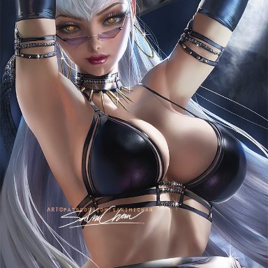 1girls, alternate costume, armpits, arms up, big breasts, breasts, cleavage, evelynn, female, female only, glasses, k/da evelynn, k/da series, large breasts, league of legends