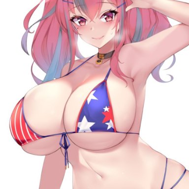 american flag bikini, armpits, azur lane, belly button, big breasts, blush, bremerton (azur lane), collar, cute, dyed hair, huge breasts, kuavera, pigtails, smile, steam