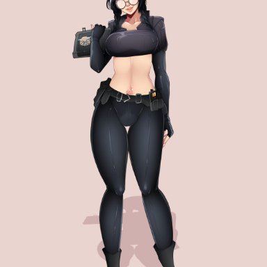 1futa, black hair, clothed, clothing, dokkaebi, erection, erection under clothes, futa only, futanari, glasses, hat, human, knees together feet apart, law-zilla, mostly clothed