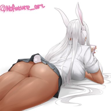 1girls, ass, bed, big ass, big breasts, bottom heavy, bottomless, breasts, bunny ears, bunny tail, dark skin, dark-skinned female, female, headphones, huge ass