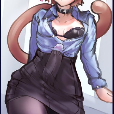 1boy, animal ears, big penis, brown hair, cat ears, cat tail, choker, crossdressing, erection, erection under skirt, felix argyle, femboy, flat chest, girly, hair ribbon