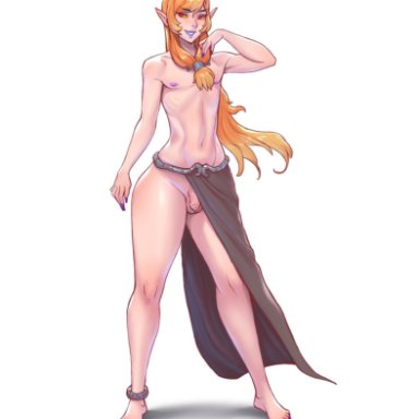 1boy, alternate version, belly, blonde hair, bottomless, femboy, girly, long hair, male only, midna, nintendo, nipples, orange hair, penis, red eyes