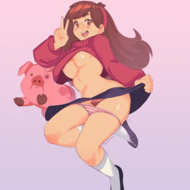 blush, blush stickers, braces, brown eyes, brown hair, gravity falls, headband, mabel pines, medium breasts, nipple slip, open mouth, panties, panties around leg, pubic hair, shoes