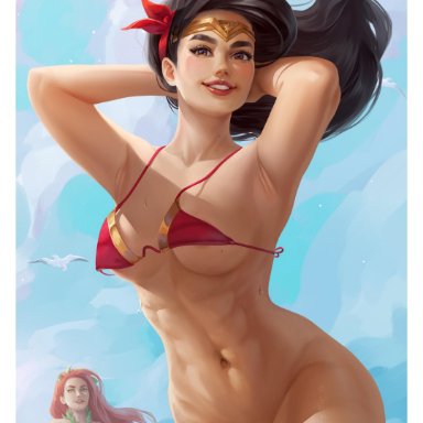 black hair, bottomless, dc, dc comics, diana prince, pamela isley, poison ivy, prywinko, pussy, red hair, shaved pussy, vagina, wonder woman