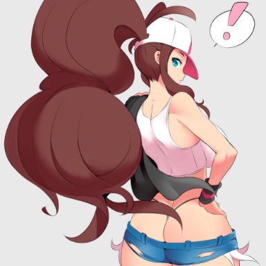 !, 1girls, ass, bare shoulders, baseball cap, blue eyes, breasts, brown hair, clavicle, cleavage, denim, denim shorts, female, female protagonist, from behind