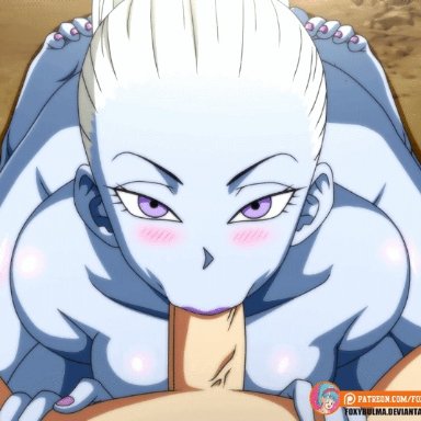 1boy, 1girls, animated, blowjob, blowjob face, blue skin, blush, breasts, cum, cum explosion, cum in mouth, deepthroat, dragon ball, dragon ball super, feet