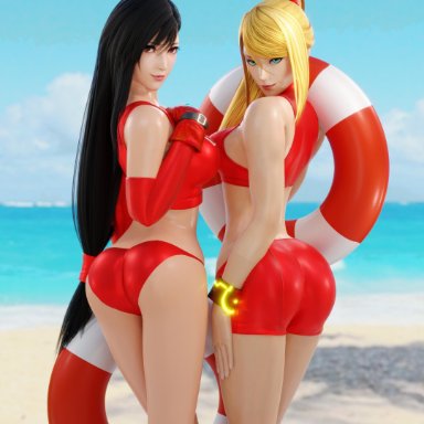 2girls, 3d, adeptusinfinitus, ass, beach, bikini, black hair, blender, blonde hair, clothing, elbow gloves, final fantasy, fit, green eyes, hips