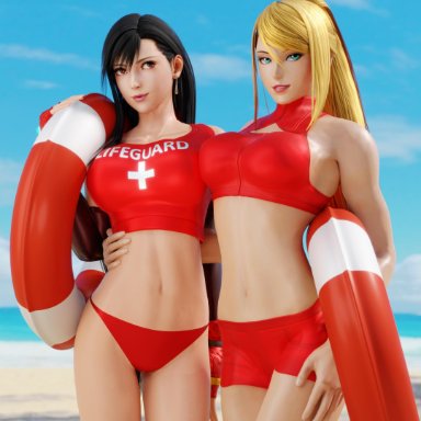 2girls, 3d, adeptusinfinitus, beach, belly, bikini, black hair, blender, blonde hair, breasts, clothing, elbow gloves, final fantasy, fit, green eyes