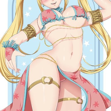 1girls, armlet, avareonart, belly, belly dancer, belly dancer outfit, blonde hair, brown eyes, cute, dancer, dancer outfit, dancing, fairy tail, female, female only