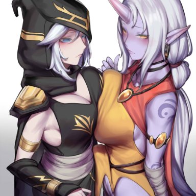 1futa, 1girls, ashe (league of legends), big breasts, big penis, black eyebrows, blue eyes, blush, bottomless, breast press, breast to breast, breasts, breasts touching, cleavage, closed mouth