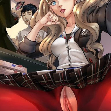 1girls, 2boys, ann takamaki, blonde hair, blue eyes, clitoris, jiro-knightraider, no panties, one eye closed, pale skin, pale-skinned female, peehole, persona, persona 5, public