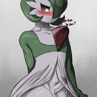 1boy, androgynous, anthro, anthrofied, balls, blush, colored, edit, embarrassed, erection, femboy, flat chest, gardevoir, girly, green skin