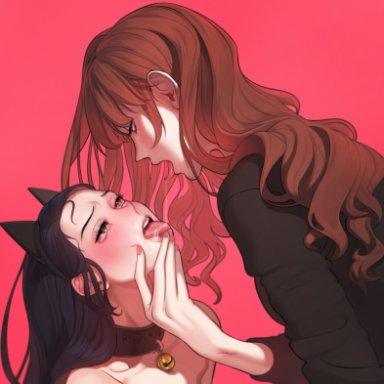 2girls, after kiss, animal ears, black hair, blush, bondage, brown hair, cat ears, catgirl, clothed female, clothed male nude female, collar, eye contact, eyelashes, fake animal ears