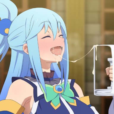 aqua (konosuba), armpits, blush, closed eyes, cum in glass, cum in mouth, cum trail, drunk, female focus, female only, kono subarashii sekai ni shukufuku wo!, light blue hair, medium breasts, open mouth, saliva trail