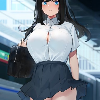 bag, big breasts, blue eyes, dark hair, hayabusa, long hair, school uniform, skirt, slut, thick thighs, thighhighs