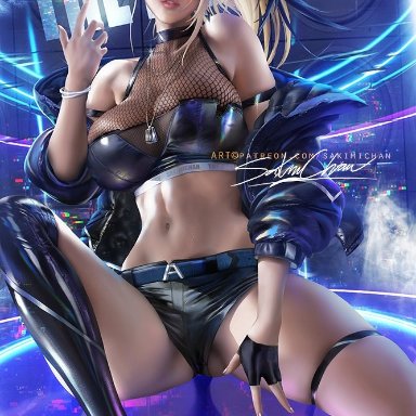 1girls, akali, alternate costume, big breasts, breasts, cleavage, female, female only, k/da akali, k/da series, large breasts, league of legends, looking at viewer, sakimichan, solo