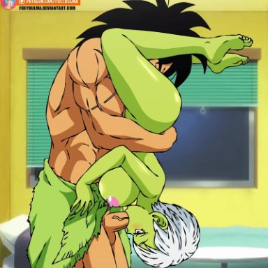 1boy, 1girls, 69, 69 standing, alien, animated, ass, black hair, blowjob, broly, cheelai, cloak, cunnilingus, dragon ball, dragon ball super broly