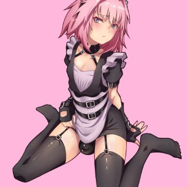 1boy, androgynous, astolfo (fate), balls in panties, choker, crossdressing, fate (series), fate/grand order, femboy, flat chest, girly, hej, maid, maid headdress, maid uniform