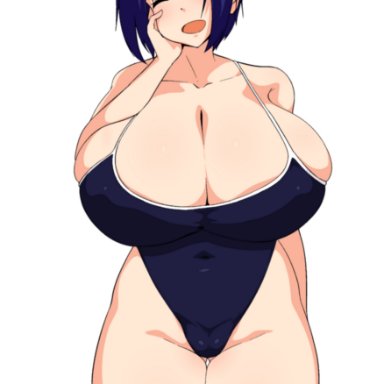 azusa miura, blue hair, breasts, cameltoe, cleavage, closed eyes, hand on face, huge breasts, idolmaster, kumako (kumakonoh), nipple bulge, short hair, solo, swimsuit, white background