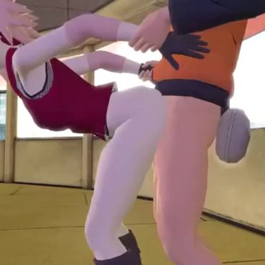 1boy, 1girls, 3d, animated, arm grab, arms held back, bent over, blonde hair, blue eyes, bottomless, edit, female, from behind, green eyes, hairband