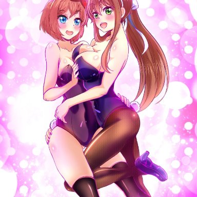 2girls, adorable, blue eyes, boobs, breasts, breasts pressed together, brown hair, bunny, bunny ear, bunny ears, bunny girl, bunny tail, bunnygirl, bunnysuit, cleavage