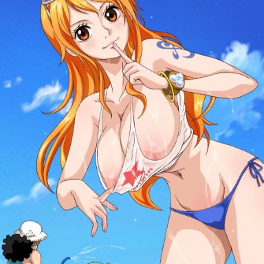 2boys, big breasts, blush, chopper, female, female focus, long hair, looking at viewer, nami, no panties, one piece, orange eyes, orange hair, pulling, pulling clothing