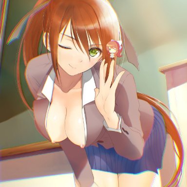 1girls, breasts, brown hair, chibi, classroom, doki doki literature club, emerald eyes, exposed breasts, green eyes, looking at viewer, monika, monika (doki doki literature club), nipple slip, nipples, no bra