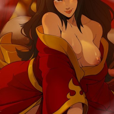 1girls, avatar the last airbender, azula, bare shoulders, black hair, breasts, brown eyes, exposed breasts, female, female only, female solo, hand on leg, high resolution, highres, licking lips