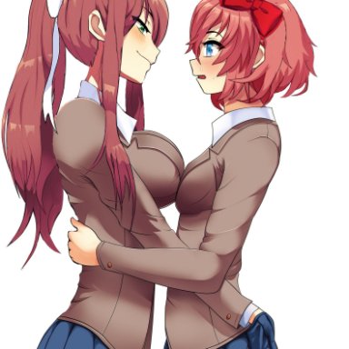 2girls, ass grab, before sex, blue eyes, blue skirt, blush, boobs, bow, breasts, breasts pressed together, brown hair, doki doki literature club, domination, dominatrix, female only