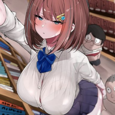 big breasts, blue eyes, blush, brown hair, gigantic breasts, school uniform, short hair, skirt, thicc, thick thighs, thighhighs