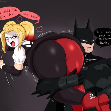 1boy, 1girls, ass, batman, batman (series), big ass, bruce wayne, dc, female, harley quinn, huge ass, jinu, male, speech bubble, text