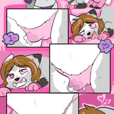 1boy, 1futa, 1girl, 2017, armwear, balls in panties, bulge, canid, canine, collar, comic, crossdressing, cum, english, femboy