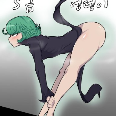 arched back, ass up, big ass, blush, female focus, female only, green hair, inclined, lifting ass, lifting skirt, medium breasts, one-punch man, short hair, steam, steaming body