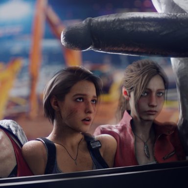 1boy, 3d, 3girls, ada wong, balls, big penis, black hair, blender, blue eyes, brown eyes, brown hair, claire redfield, clothed, clothed female nude male, female