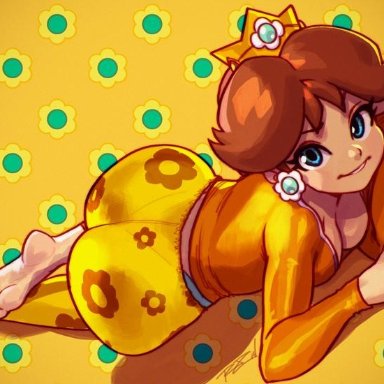 ass, brown hair, cleavage, crown, earrings, feet, flowers, laying down, nintendo, princess daisy, relaxed, robaato, super mario bros., yoga pants