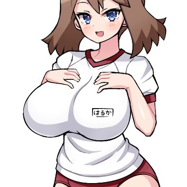 1girls, big breasts, bloomers, blue eyes, brown hair, buruma, chro, female, gym uniform, large breasts, may (pokemon), medium hair, nintendo, pale skin, pale-skinned female