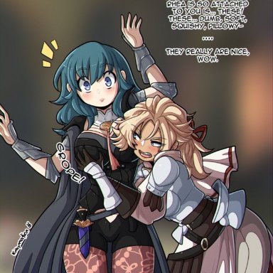 2girls, big breasts, breast grab, byleth (female), byleth (fire emblem), byleth (fire emblem) (female), catherine (fire emblem), clothed female, english text, female, female focus, female only, female protagonist, female/female, fire emblem