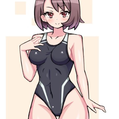 1girls, breasts, brown hair, chro, eye contact, female, gloria (pokemon), looking at viewer, nintendo, one-piece swimsuit, pale skin, pale-skinned female, pokemon, pokemon ss, red eyes