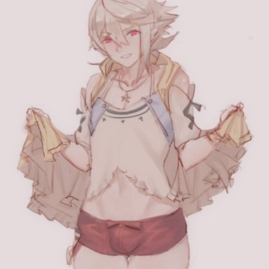 1boy, bulge, corrin (fire emblem), corrin (fire emblem) (male), cosplay, crossdressing, femboy, fire emblem, fire emblem fates, girly, nintendo, pointy ears, reisalin stout (cosplay), samsara, smile