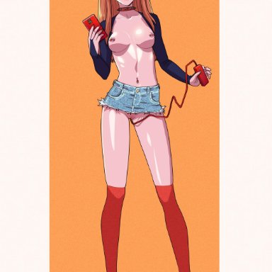 1girls, asuka langley sohryu, blue eyes, blush, breasts, female, female only, ginger, hairless pussy, kneehighs, looking at viewer, makeup, mascara, miniskirt, neon genesis evangelion