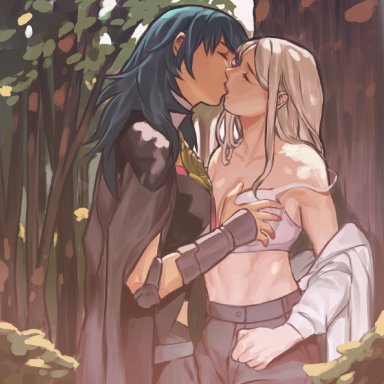 2girls, byleth (female), byleth (fire emblem), byleth (fire emblem) (female), closed eyes, edelgard (fire emblem), edelgard von hresvelg, eggplantzone, fire emblem, fire emblem: three houses, kissing, medium hair, nintendo, outdoors, radiostarkiller