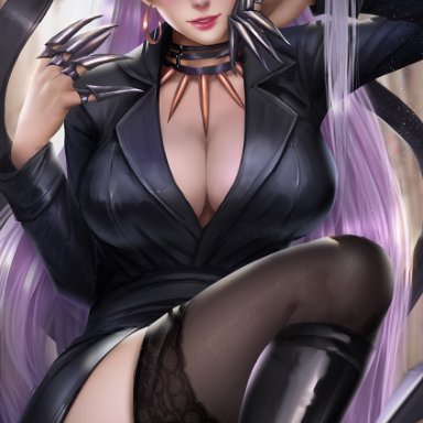 1girls, alternate costume, big breasts, breasts, cleavage, evelynn, female, female only, k/da evelynn, k/da series, large breasts, league of legends, solo, thighhighs, windwalker