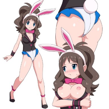 1girls, areolae, ass, big ass, big breasts, blush, brown hair, bunny ears, bunny tail, bunnysuit, female, hilda (pokemon), long hair, nintendo, nipples