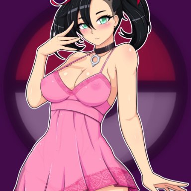 1girls, black hair, blush, choker, dress, earrings, eye contact, female, frenxir, green eyes, hair ribbon, looking at viewer, marnie (pokemon), nintendo, nipple piercing