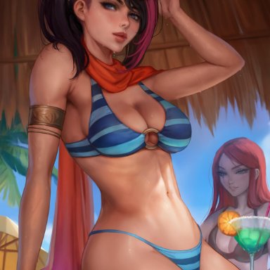 bar, big breasts, bikini, bikini bottom, bikini top, black hair, blue eyes, breasts, cleavage, clothed, clothing, fiora laurent, kittew, league of legends, multicolored hair