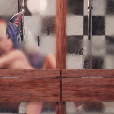 1girl, 3d, anal, animated, bath, bathroom, biggreen, blender, body markings, face markings, fox ears, fox tail, heterochromia, indoors, medium hair