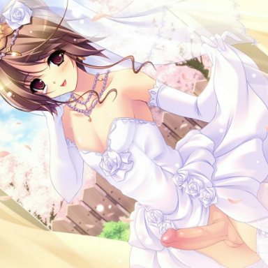 bridal gloves, bridal stockings, bridal veil, bride, bride gown, brown eyes, brown hair, circumcised, crossdressing, cute, dress lift, femboy, girly, penis, petite